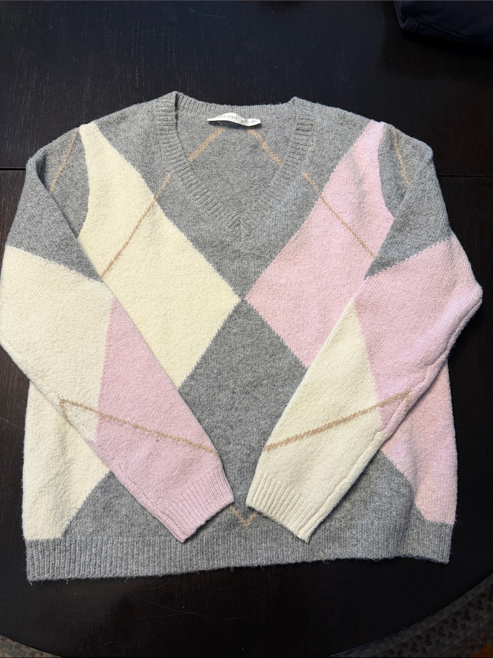 Altar'd State Gray, Pink & Cream Argyle V-Neck Sweater